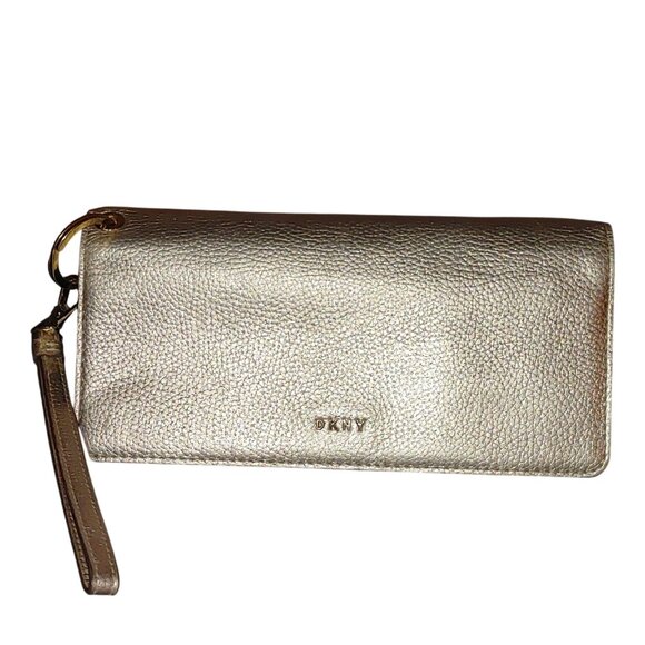 DKNY Metallic Gold Leather Wristlet Clutch Wallet Detachable Strap Travel Small - Picture 1 of 6
